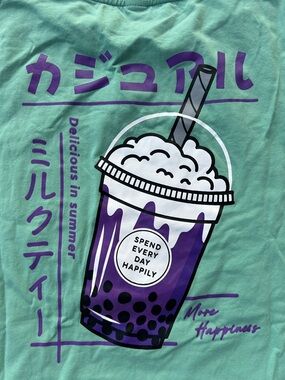 SHEIN Mint Green Short Sleeve Tee with Bubble Tea Patch SPend Every Day Happily